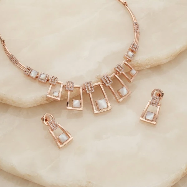 Rose Gold Geometric Mother-of-Pearl Necklace & Earring Set