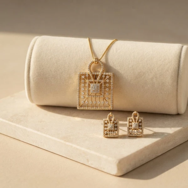 Diamond-Encrusted Gold Pendant & Stud Earring Set