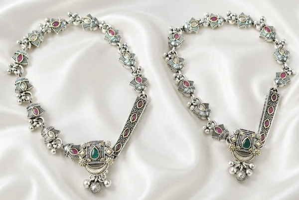 Antique Oxidised Silver Gemstone Payal Set