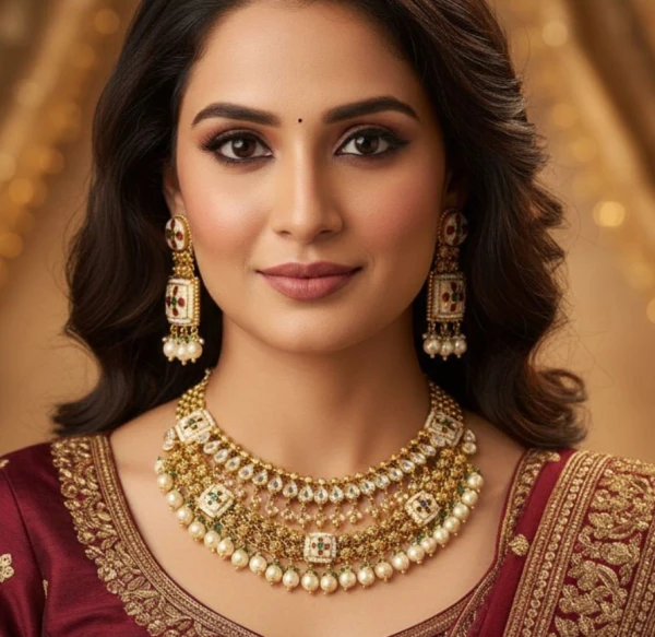Traditional Gold Meenakari and Pearl Necklace Set