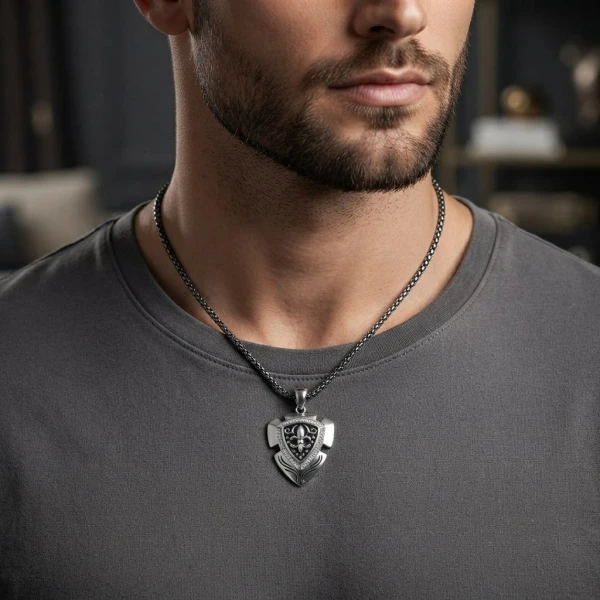 Men's Sterling Silver Fleur-de-Lis Shield Pave Pendant