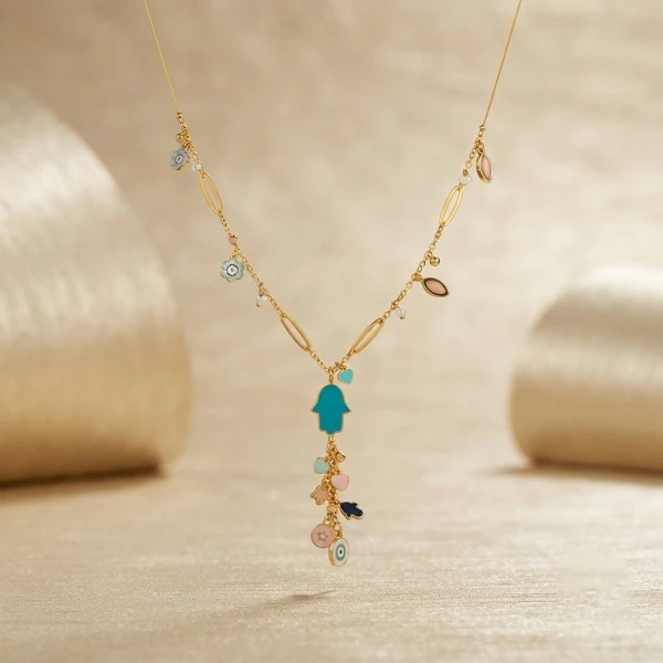 Elegant Gold Multicolor Hamsa Charm Necklace
