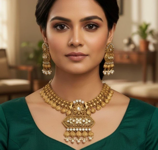 Traditional Antique Gold Kundan Necklace and Earrings Set