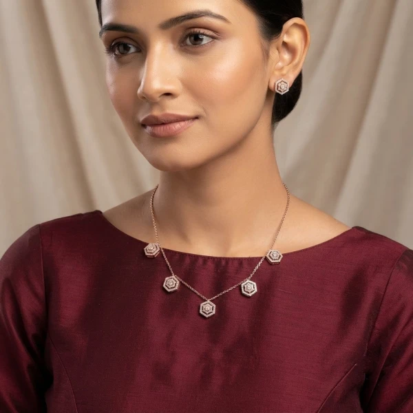 Rose Gold Hexagon Diamond Lariat Necklace Set