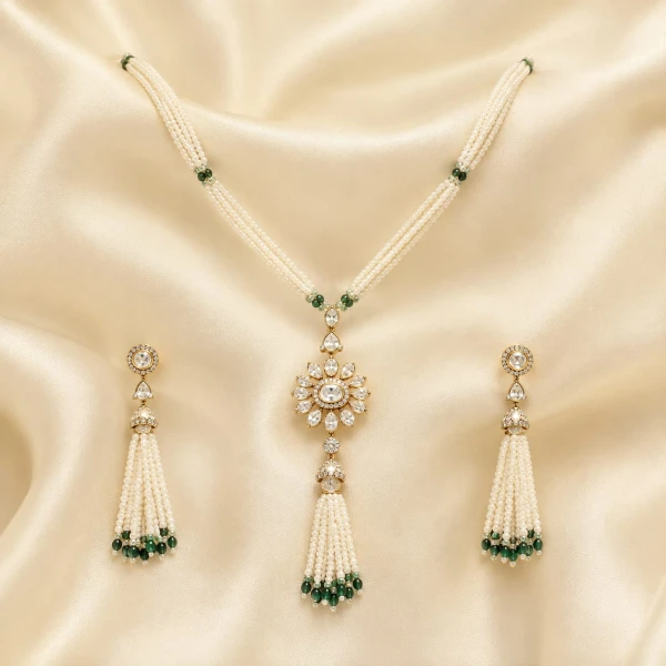 Gold Pearl & Green Stone Women’s Half Set