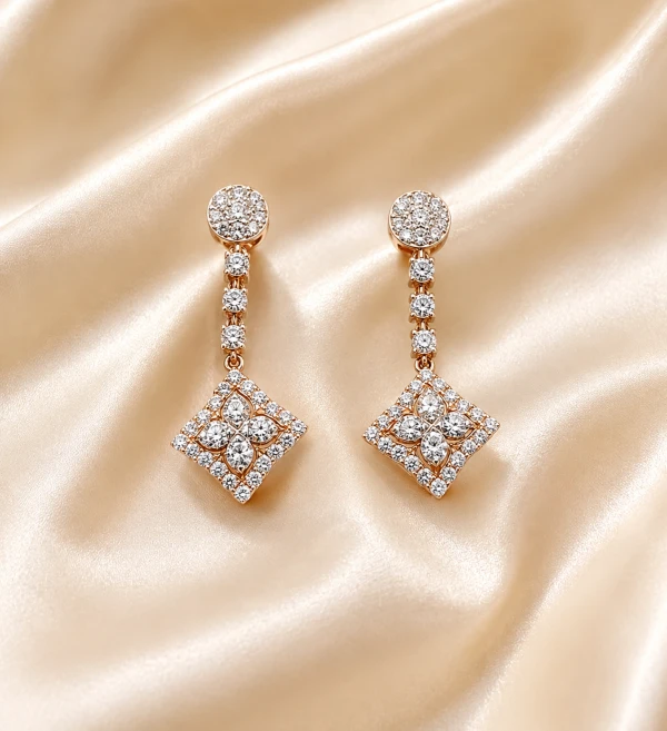 Elegant Diamond-Style Square Drop Earrings for Women – Gold Finish
