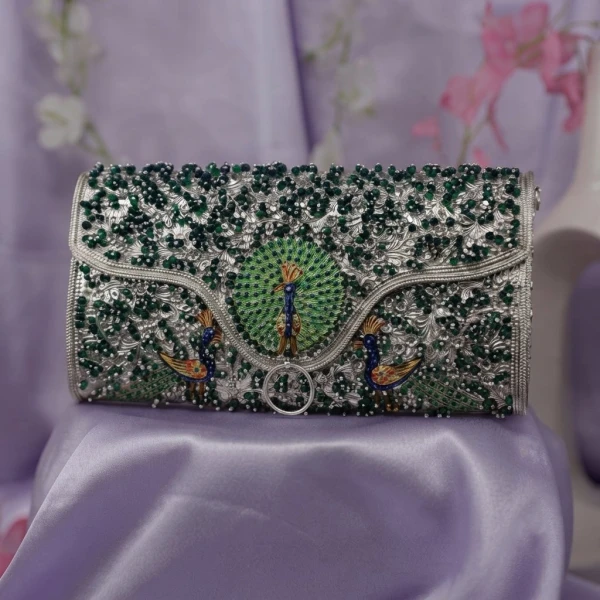 Royal Peacock Design Silver Beaded Clutch