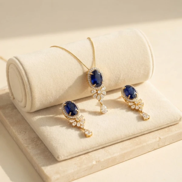 Royal Blue Sapphire and Diamond Pendant & Earring Set