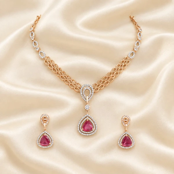 Gold and Ruby Drop Pendant Necklace Set