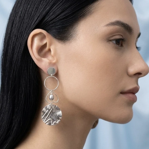 Sterling Silver Heart & Hammered Disc Pearl Earrings
