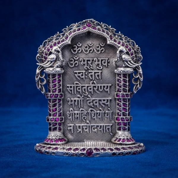 925 Silver Gayatri Mantra Arch Idol with Ruby Stones