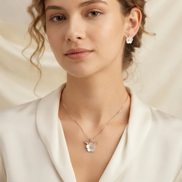 Rose Gold Floral Silver Pendant and Earring Set