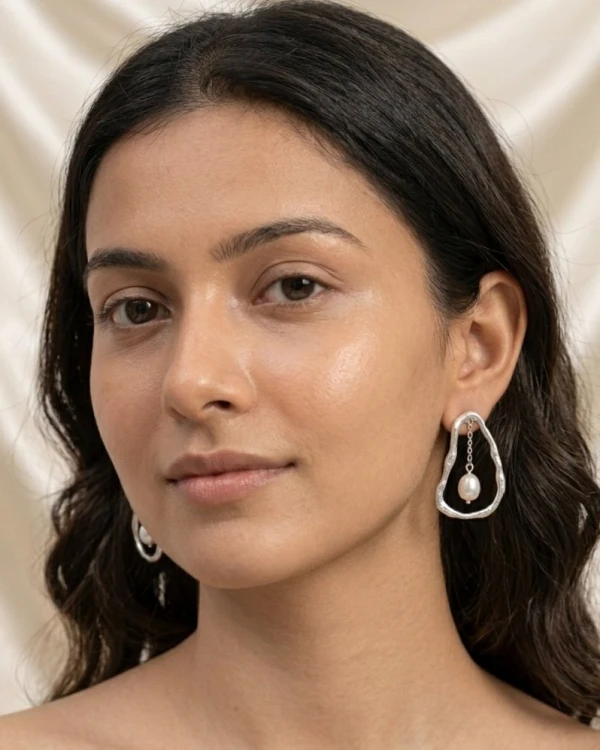 Sterling Silver Organic Frame Pearl Drop Earrings