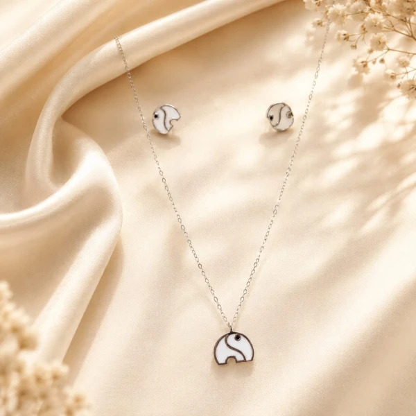 Elegant Mother-of-Pearl Elephant Pendant & Matching Stud Set