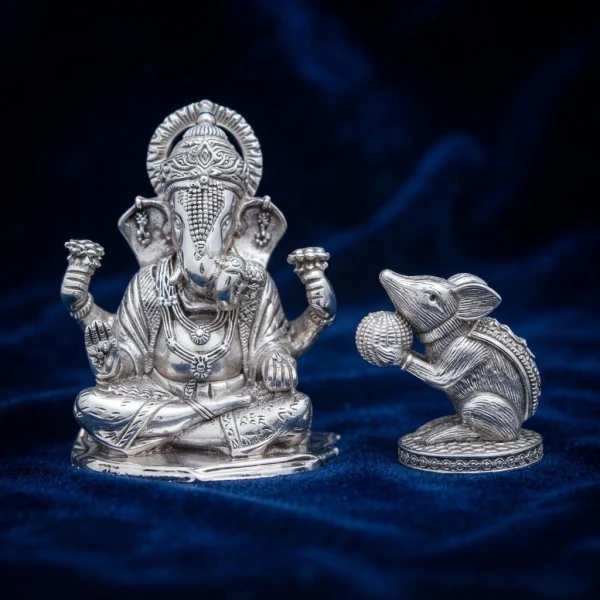 925 Silver Ganesh Ji & Mouse Idol Set