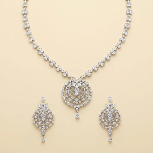 Elegant Silver Cubic Zirconia Statement Necklace and Earrings Set