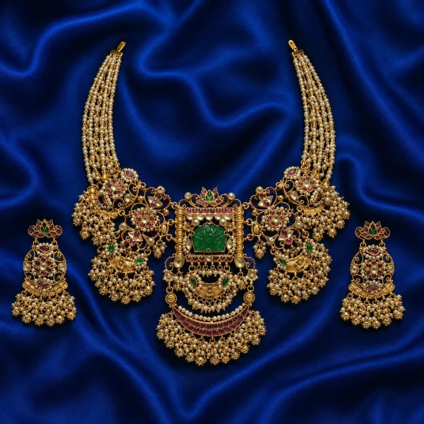 Royal Emerald & Pearl Strands Necklace Set