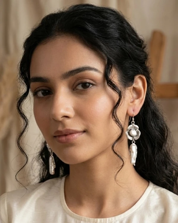 Sterling Silver Floral & Biwa Pearl Drop Earrings