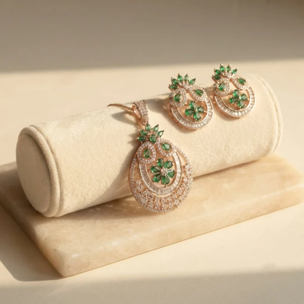 Emerald Floral Diamond Pendant and Earrings Set