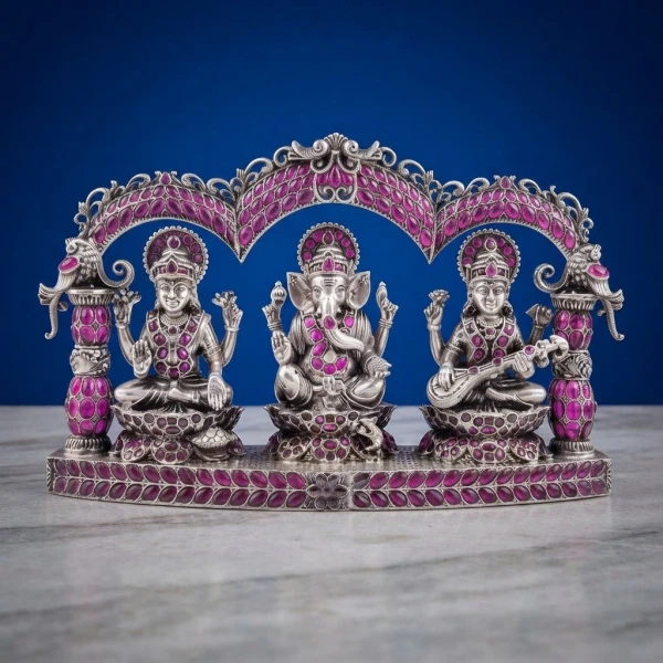 925 Silver Laxmi, Ganesha, and Saraswati Idol Set with Ruby Stones