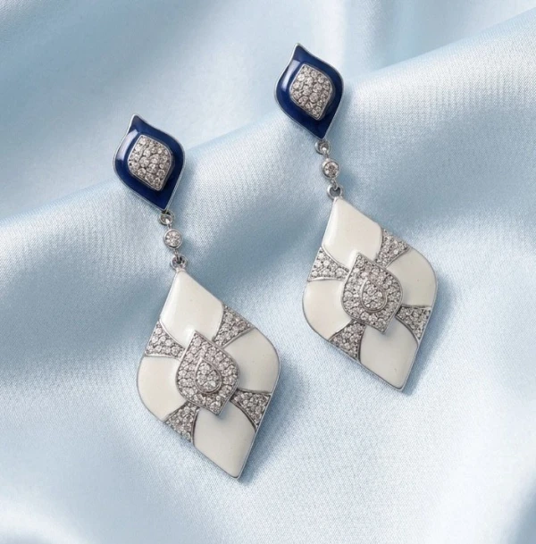 Blue & White Enamel CZ Diamond Drop Earrings