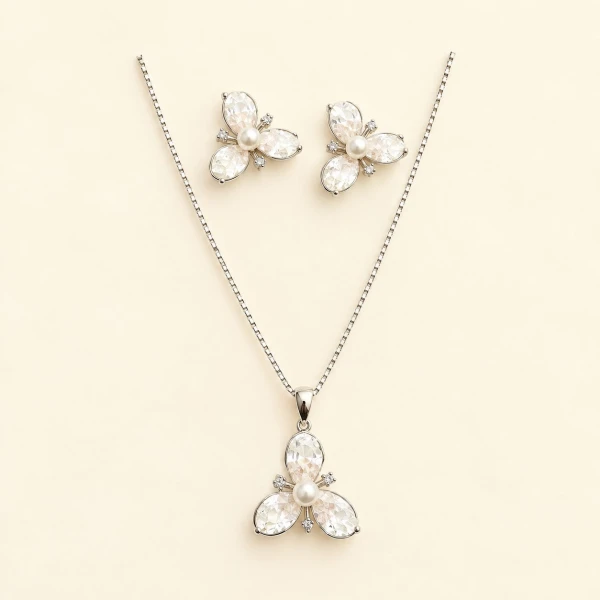 Silver Faceted Crystal & Pearl Blossom Jewelry Set