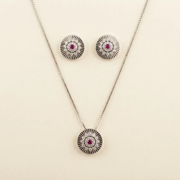 Silver Ruby & CZ Sunburst Jewelry Set