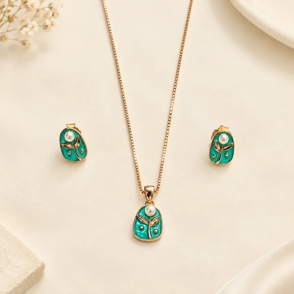 Teal Green Enamel & Pearl Floral Pendant with Earrings Set