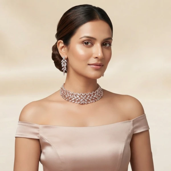 Diamond Marquise Leaf Cluster Necklace and Earrings Set