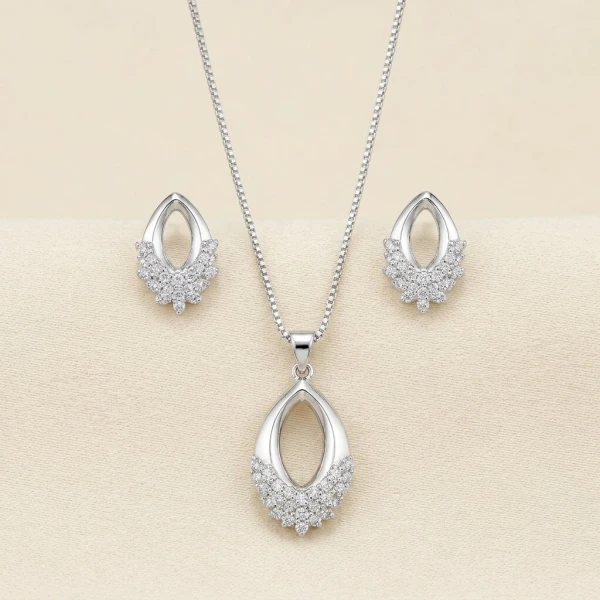 Elegant Silver Teardrop Diamond Pendant and Earrings Set