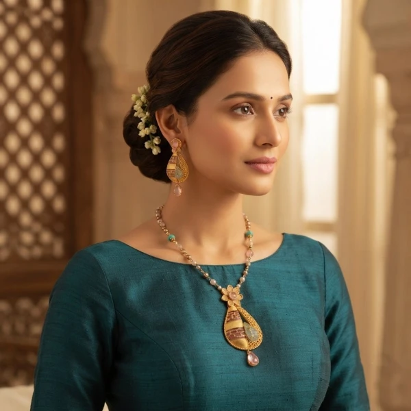 Elegant Gold-Tone Pastel Stone Pendant and Earring Set