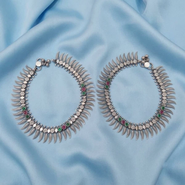 Antique Oxidized Silver Leaf & Gemstone Anklet Pair
