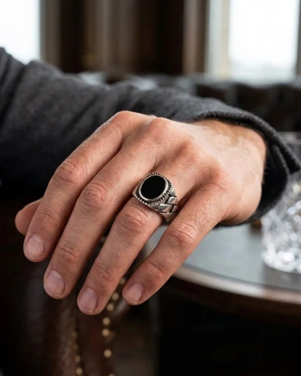 Bold Black Stone Silver Men's Ring