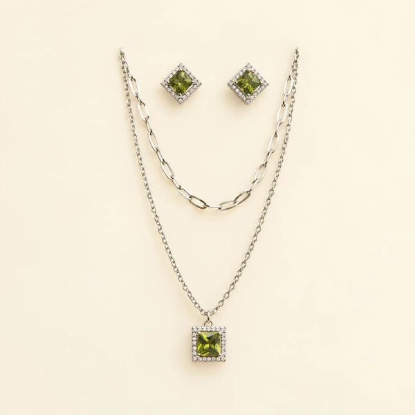 Silver Olive Green Crystal Square Pendant & Earrings Set