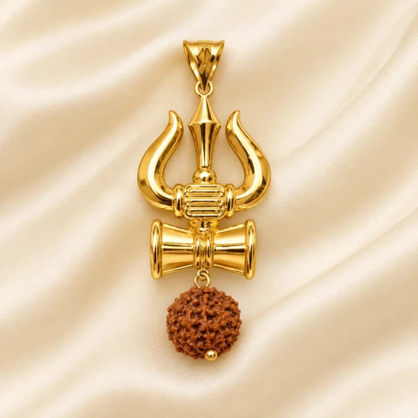 Sacred Gold-Plated Trishul & Damru Pendant with Rudraksha