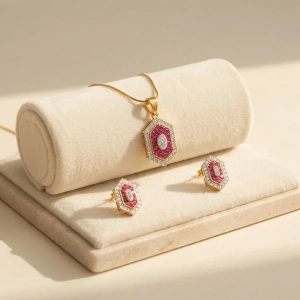 Ruby and Diamond Hexagon Pendant & Earring Set