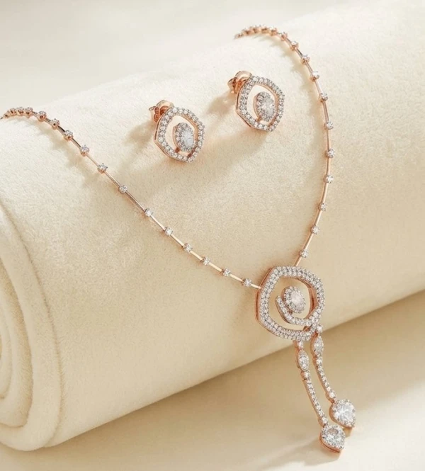 Exquisite Rose Gold Diamond Geometric Necklace and Earring Set
