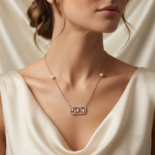 Rose Gold Baguette Stone & Pearl Station Necklace