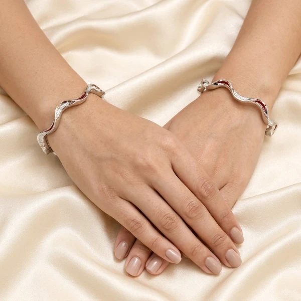 Ruby-Accented Silver Wave Bangles