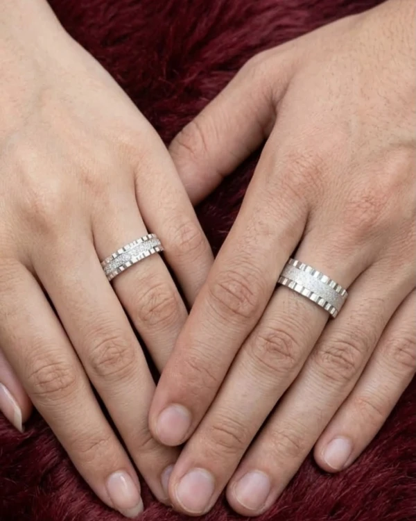 Silver Textured & Ribbed Edge Unisex Couple Rings Set