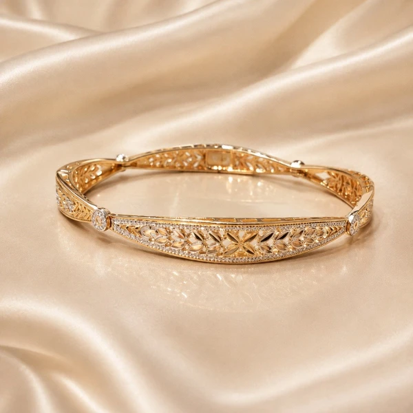 Elegant Floral Diamond-Accent Gold Bangle
