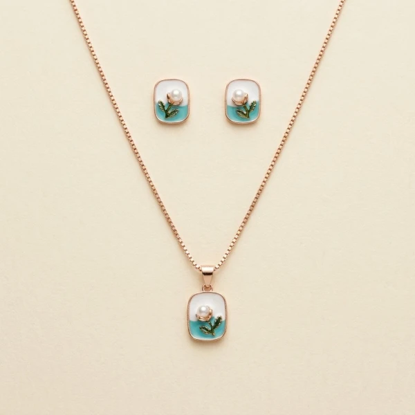 Silver Enamel Floral Pearl Pendant & Earrings Set