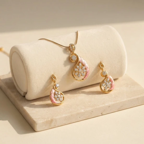 Pink Enamel & Diamond Paisley Pendant & Earring Set