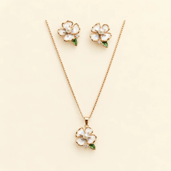 Silver Enamel White Blossom & Pearl Jewelry Set