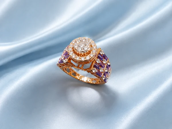 Elegant Women’s Diamond Ring with Purple Stone Accents