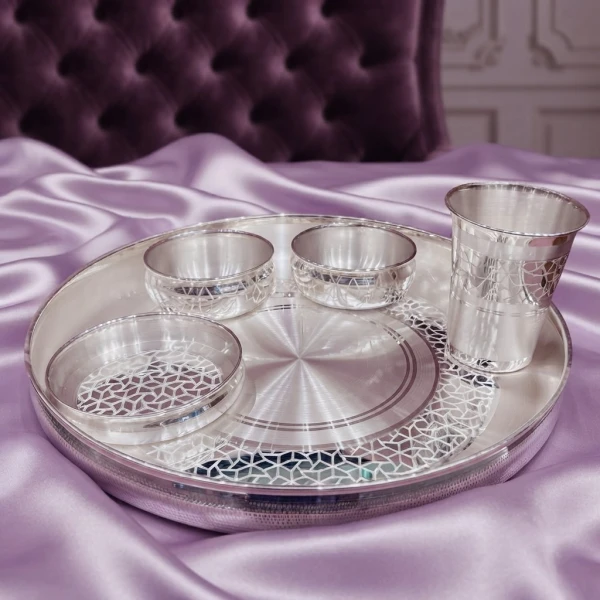 Geometric Cutwork 925 Silver Thali Set