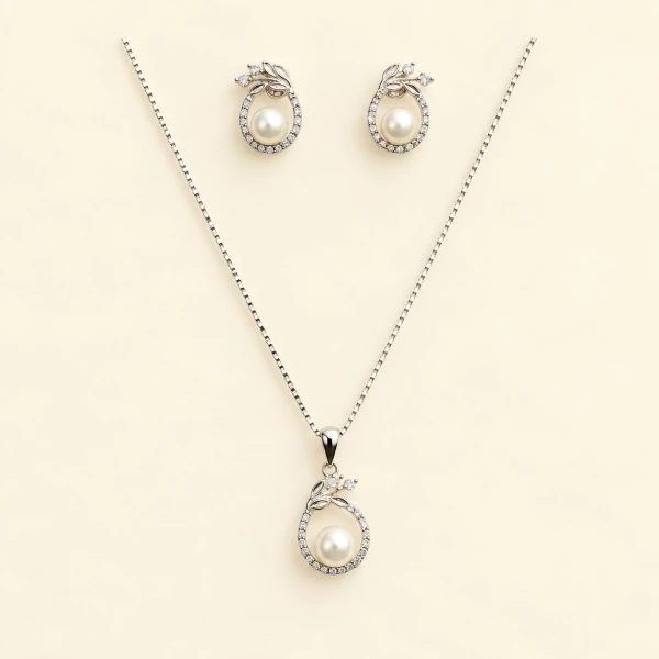 Silver Pearl & Pave Leaf Pendant & Earrings Set