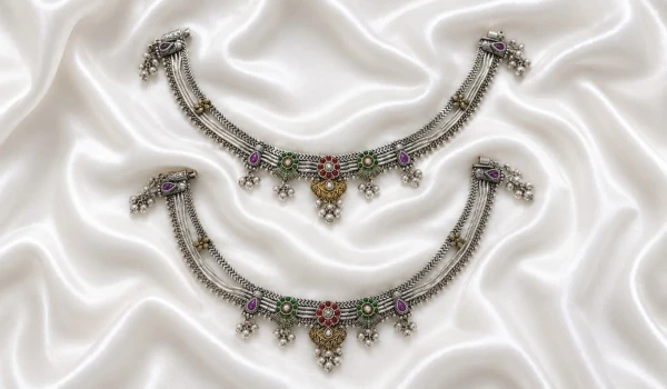 Royal Floral Multi-Strand Silver Payal Set