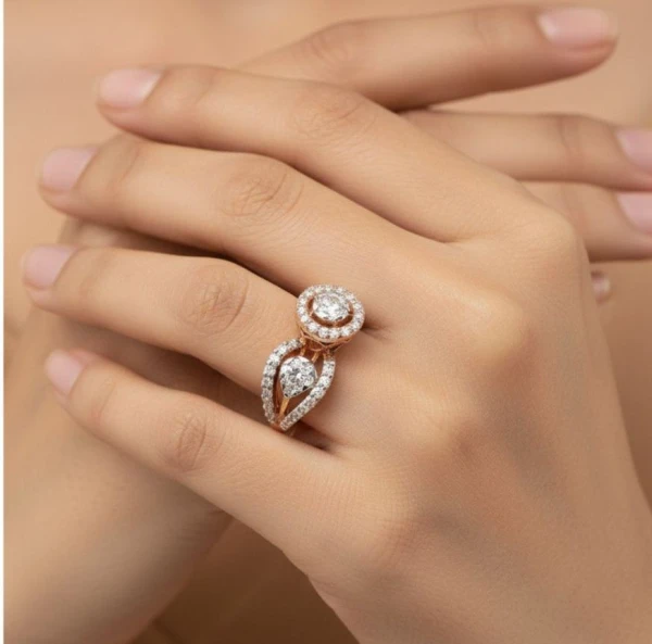 Rose Gold Diamond Halo & Leaf Cluster Ring