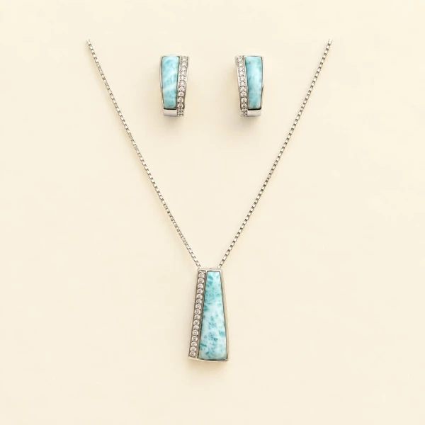 Silver Larimar Trapezoid Pendant & Hoop Earrings Set